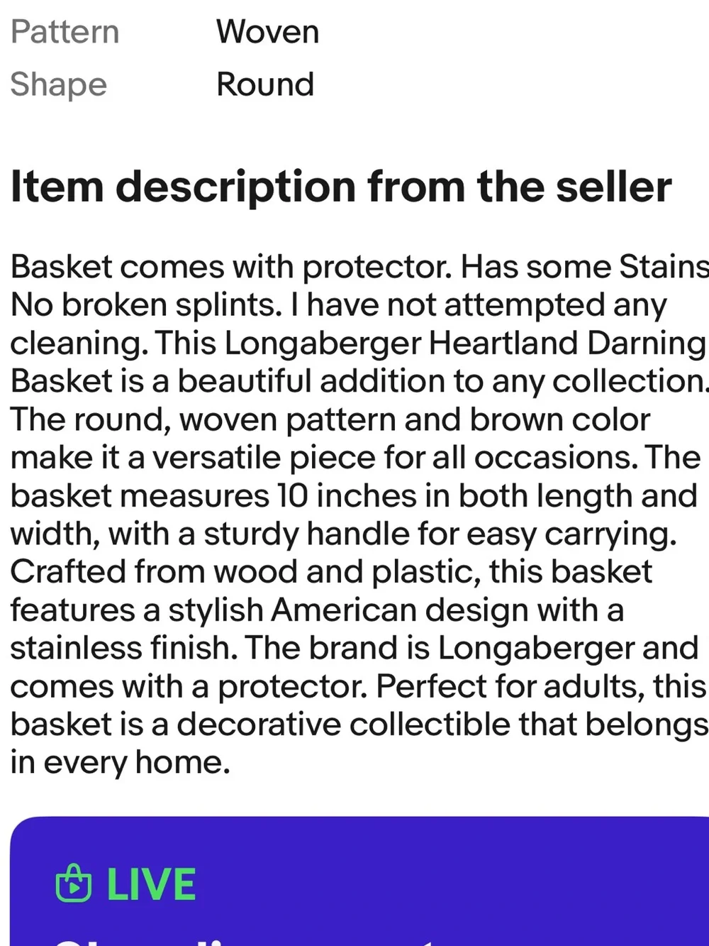 Longaberger Heartland Darning Basket w Handles 10 in